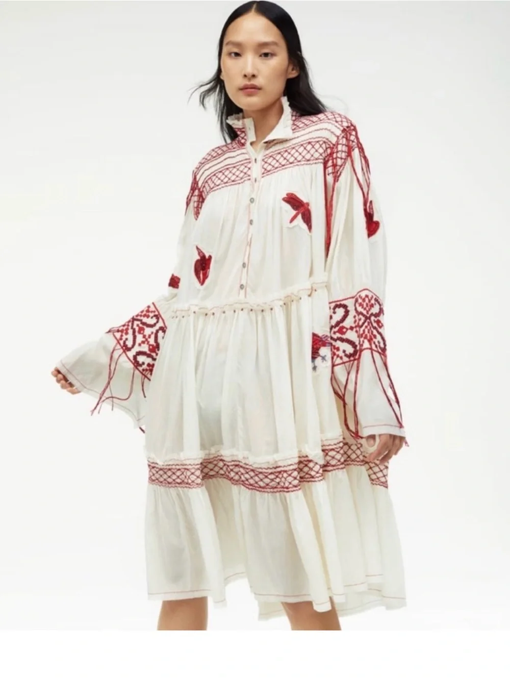 White Midi Dress with Red Embroidery